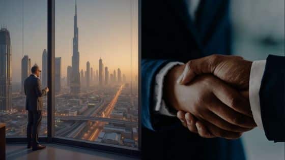 Viewing Deck Blog Businessman gazing at city skyline alongside a close-up handshake, symbolizing professional success and partnership. | Sky Rye Design Businessman gazing at city skyline alongside a close-up handshake, symbolizing professional success and partnership.