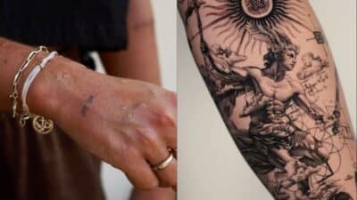 Minimalist wrist tattoo and detailed arm tattoo with intricate design, showcasing diverse tattoo styles side by side.