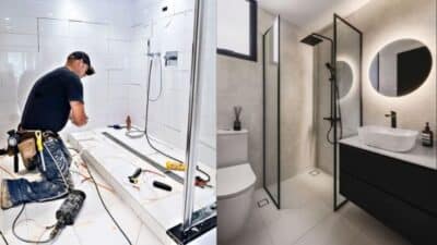 Modern bathroom renovation showcasing tile installation and completed contemporary design with glass shower.