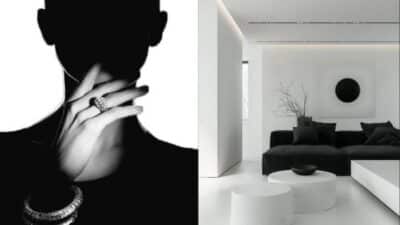 Modern monochrome art and fashion with jewelry and minimalist black and white interior design.
