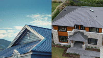Modern homes with sleek metal roofing designs under clear skies.