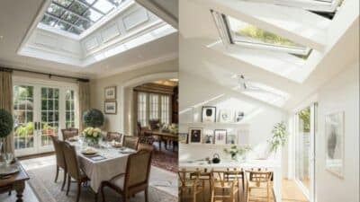 Elegant dining rooms with skylights, showcasing natural light and stylish decor for an inviting atmosphere.