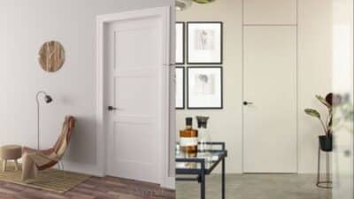 Modern interior design: white door with chair on left side, minimalist decor with table and art on right side.