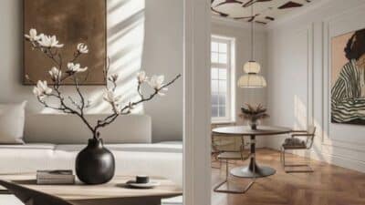 Modern minimalist living room and dining area with elegant decor, featuring a vase with flowers and natural lighting.