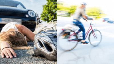 Close-up of a helmet beside a cyclist on the ground after collision with a car. Blurred cyclist riding on a road.