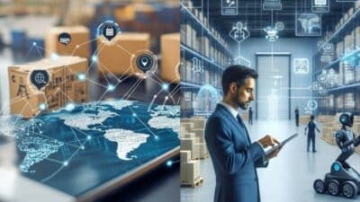Man in warehouse using tablet with digital logistics interface and global supply chain network visualization.