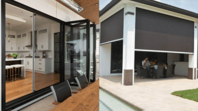 Modern glass sliding doors and outdoor sunshade in stylish home design.