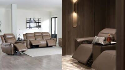 Modern living room with brown reclining sofas, sleek decor, and ambient lighting for a cozy, elegant atmosphere.