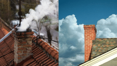 Brick chimneys side by side with white smoke and clouds above contrasting roofs.