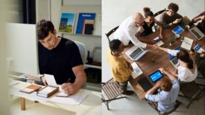 Man working at desk and group collaborating around table with laptops, focusing on teamwork and productivity.