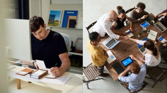 Viewing Deck Blog 3 Man working at desk and group collaborating around table with laptops, focusing on teamwork and productivity. | Sky Rye Design Man working at desk and group collaborating around table with laptops, focusing on teamwork and productivity.