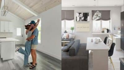 Couple embracing in bright kitchen; modern living room with chic decor. Home interior design inspiration.
