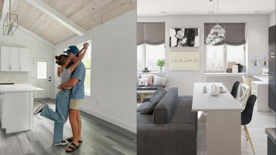 Viewing Deck Blog 3 Couple embracing in bright kitchen; modern living room with chic decor. Home interior design inspiration. | Sky Rye Design Couple embracing in bright kitchen; modern living room with chic decor. Home interior design inspiration.