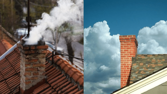 Viewing Deck Blog 3 Brick chimneys side by side with white smoke and clouds above contrasting roofs. | Sky Rye Design Brick chimneys side by side with white smoke and clouds above contrasting roofs.
