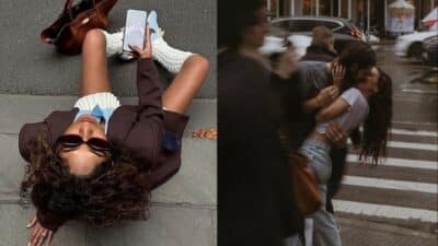 A woman poses stylishly on the street with a phone, and a couple kisses passionately on a crosswalk.