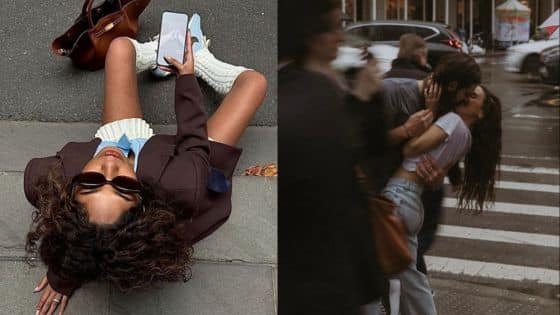 Viewing Deck Blog A woman poses stylishly on the street with a phone, and a couple kisses passionately on a crosswalk. | Sky Rye Design A woman poses stylishly on the street with a phone, and a couple kisses passionately on a crosswalk.