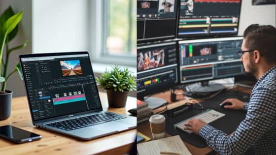 Two setups for video editing: Laptop with software on the left, professional multi-screen setup on the right.