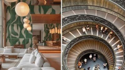 Modern lounge area with green wall art; adjacent spiral staircase with visitors descending.