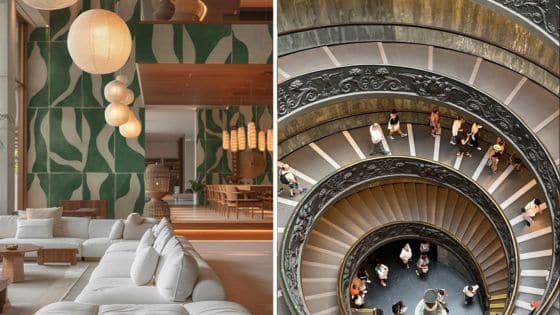 Viewing Deck Blog Modern lounge area with green wall art; adjacent spiral staircase with visitors descending. | Sky Rye Design Modern lounge area with green wall art; adjacent spiral staircase with visitors descending.