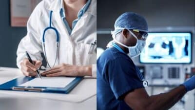Doctors working: one writing notes, the other in surgical attire in an operating room.