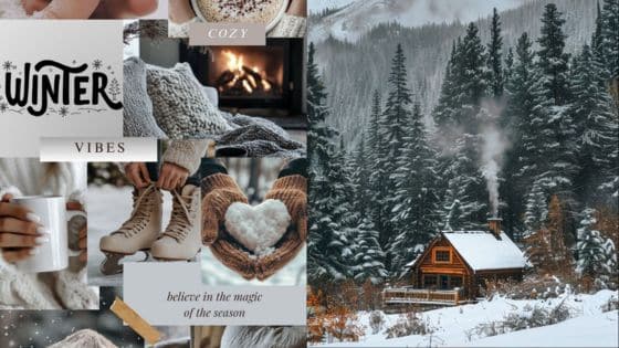 Cozy winter collage with hot cocoa, fireplace, knitted blanket, ice skates, snow-covered cabin, and forest scenery.