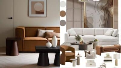 Modern living room design with brown and white sofas, abstract wall art, and contemporary decor elements.