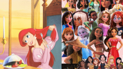 Animated princess with a fork, surrounded by other fantasy characters from various stories and movies.