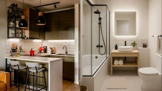 Viewing Deck Blog 4 Modern compact kitchen and bathroom interior design with stylish lighting and fixtures. | Sky Rye Design Modern compact kitchen and bathroom interior design with stylish lighting and fixtures.