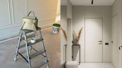Ladder with a beige handbag in a room under renovation, modern minimalist hallway on the right.
