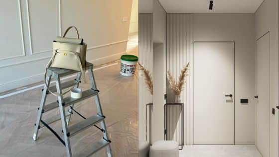 Viewing Deck Blog 4 Ladder with a beige handbag in a room under renovation, modern minimalist hallway on the right. | Sky Rye Design Ladder with a beige handbag in a room under renovation, modern minimalist hallway on the right.