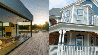 Modern glass house and traditional Victorian-style house side by side under a clear sky.