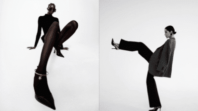Fashion models in striking poses showcasing chic clothing, black heels, and stylish accessories against a minimalist backdrop.