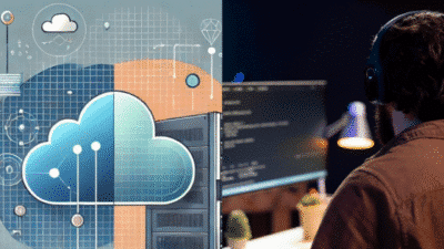Cloud computing concept next to a software developer coding at a computer desk, illustrating tech innovation.