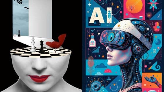 Viewing Deck Blog Surreal art: chessboard on head with chess pieces, AI-themed woman with VR headset, futuristic elements. | Sky Rye Design Surreal art: chessboard on head with chess pieces, AI-themed woman with VR headset, futuristic elements.