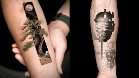 Viewing Deck Blog Forearm tattoos: one with a tree and moon, the other with a blindfolded face and geometric designs. | Sky Rye Design Forearm tattoos: one with a tree and moon, the other with a blindfolded face and geometric designs.