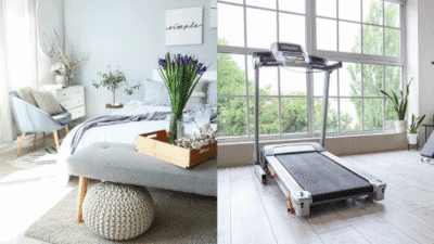 Modern bedroom with cozy decor and a nearby home gym featuring a treadmill by large windows.