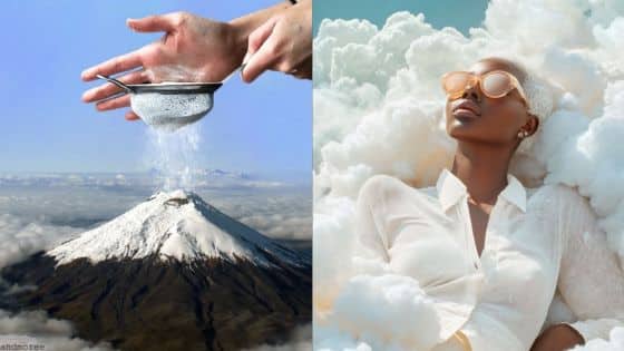 Surreal art collage: Snow sifted onto mountain; woman in clouds with sunglasses, white blouse, eyes closed.