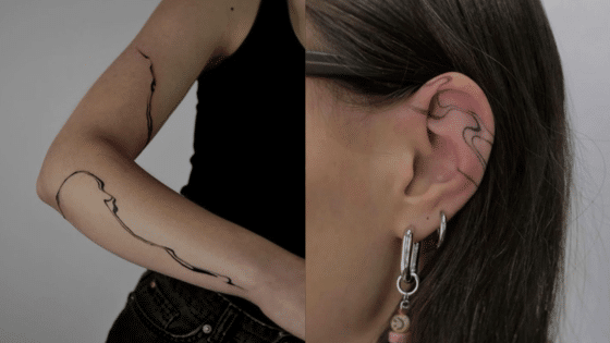 Viewing Deck Blog Minimalist line tattoos on arm and ear with elegant abstract designs. | Sky Rye Design Minimalist line tattoos on arm and ear with elegant abstract designs.