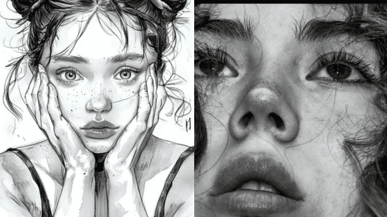 Black and white drawing and photo of a woman with expressive eyes and freckles, exuding contemplative emotions.
