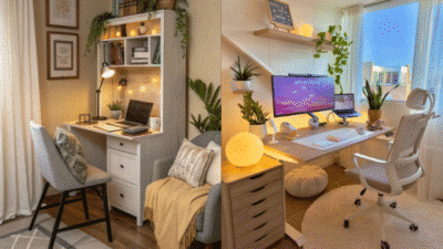 Cozy home office spaces with plants, warm lighting, and modern decor for productivity and comfort.