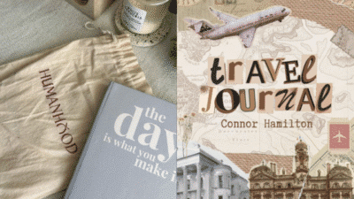 Candles and a journal on a table; a travel book with a vintage map and airplane theme.