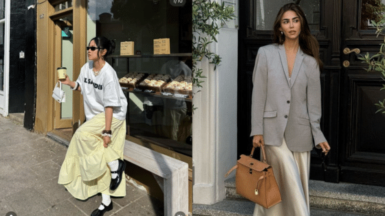 Two stylish women: one in a casual graphic tee and skirt, holding coffee; the other in an elegant blazer with handbag.