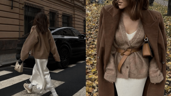 Winter fashion outfit featuring a cozy brown coat, fluffy cardigan, and white dress, styled with a chic handbag.