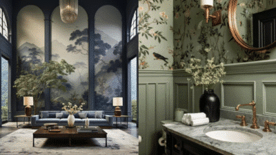 Elegant living room and bathroom designs with nature-themed decor and luxurious detailing.