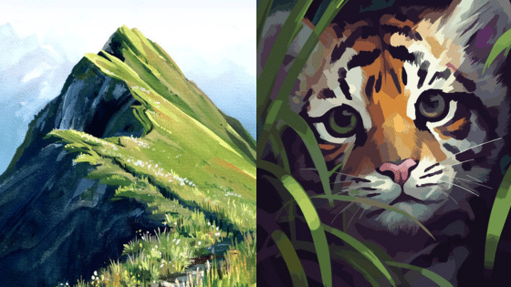 Illustration of a grassy mountain peak and a cute tiger cub peeking through green leaves.