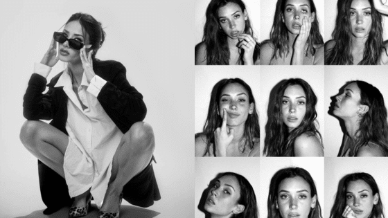 Stylish woman in sunglasses squatting; series of expressive black and white portraits on the right. Fashion photography.