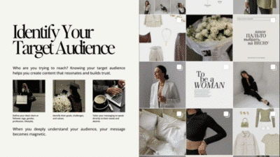 Collage on identifying your target audience, featuring fashion items and a motivational quote about women.