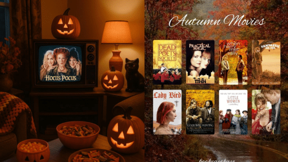 Viewing Deck Blog копия 2 Pumpkin decor and screen showing Hocus Pocus. List of autumn-themed movies for a cozy fall movie night. | Sky Rye Design Pumpkin decor and screen showing Hocus Pocus. List of autumn-themed movies for a cozy fall movie night.