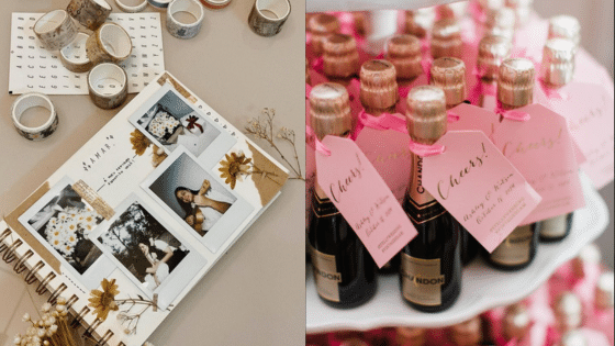 Scrapbook with photos and washi tape beside celebration mini champagne bottles with pink tags on a table.