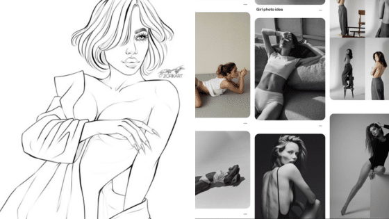 Viewing Deck Blog копия 22 Digital sketch of a woman in a stylish pose next to black and white photos of women in different poses. | Sky Rye Design Digital sketch of a woman in a stylish pose next to black and white photos of women in different poses.